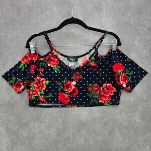 Objex Navy Blue‎ Floral Polka Dot Cold Short Cropped Top Blouse Extra Large XL